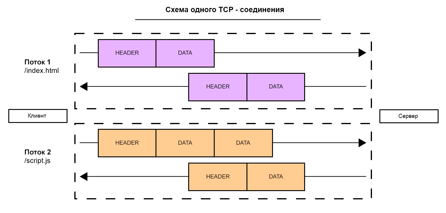 Одно TCP-соединение, передающее несколько потоков