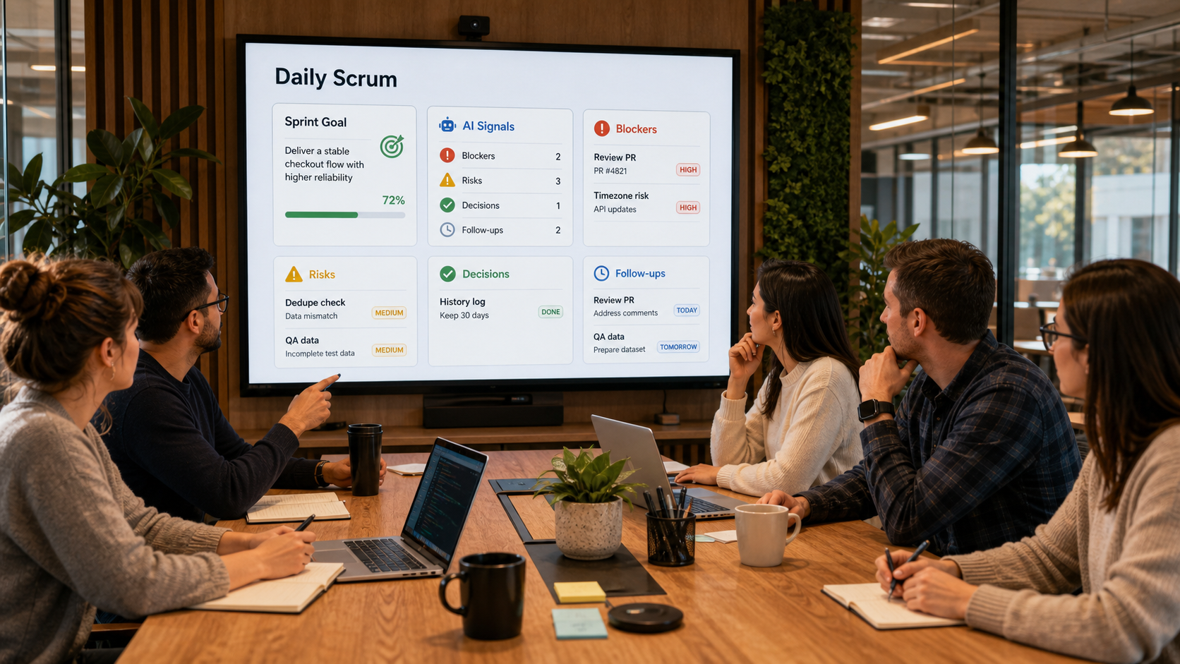 Команда обсуждает экран Daily Scrum с AI Signals, Blockers, Risks и Follow-ups перед адаптацией плана