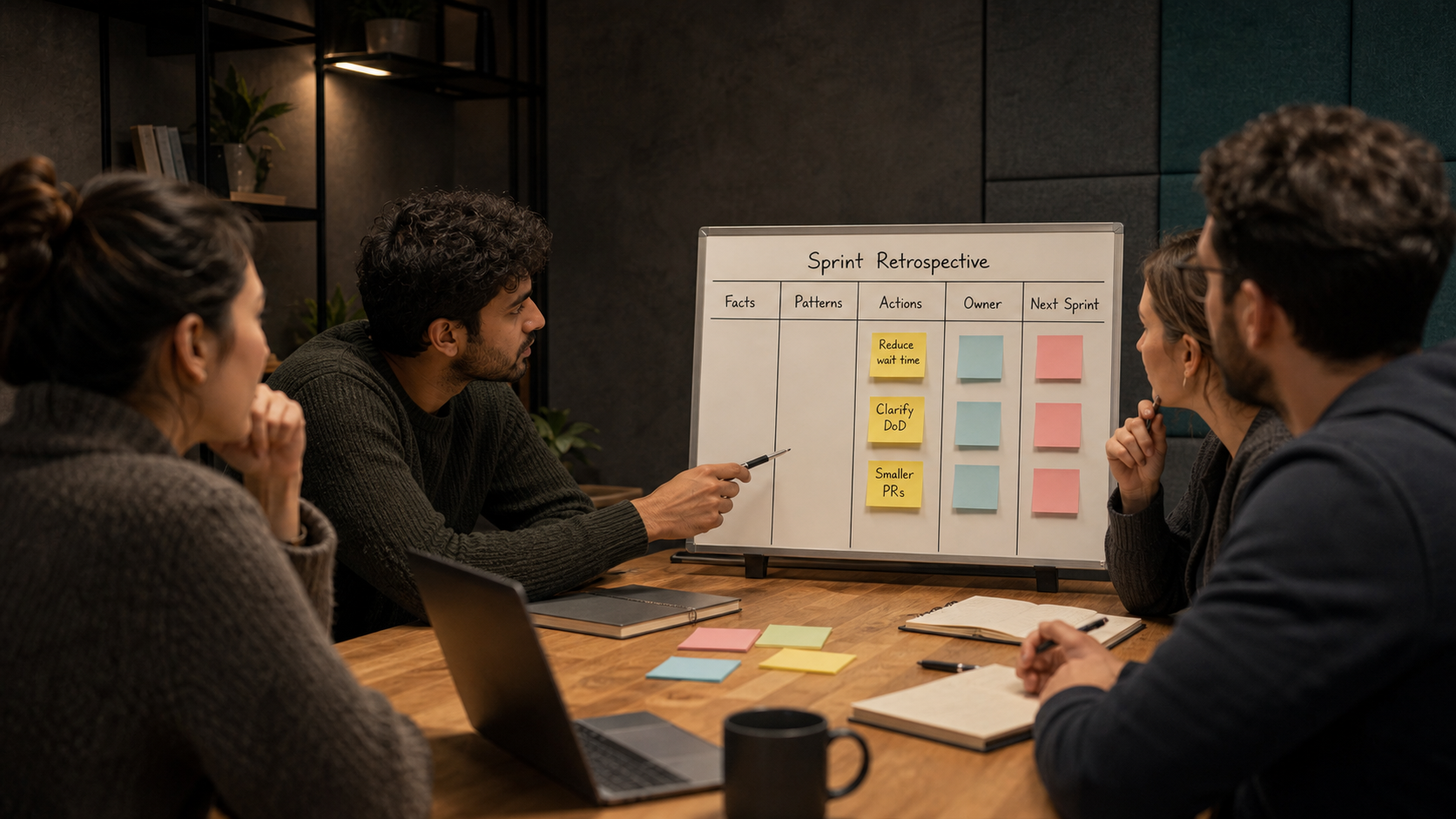 Команда обсуждает action items Sprint Retrospective: Reduce wait time, Clarify DoD и Smaller PRs